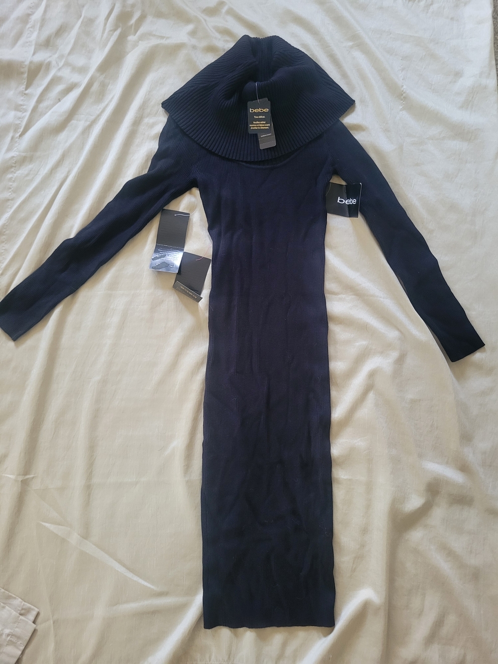 bebe Black Long Sleeve Ribbed Funnel Neck Bodycon Dress